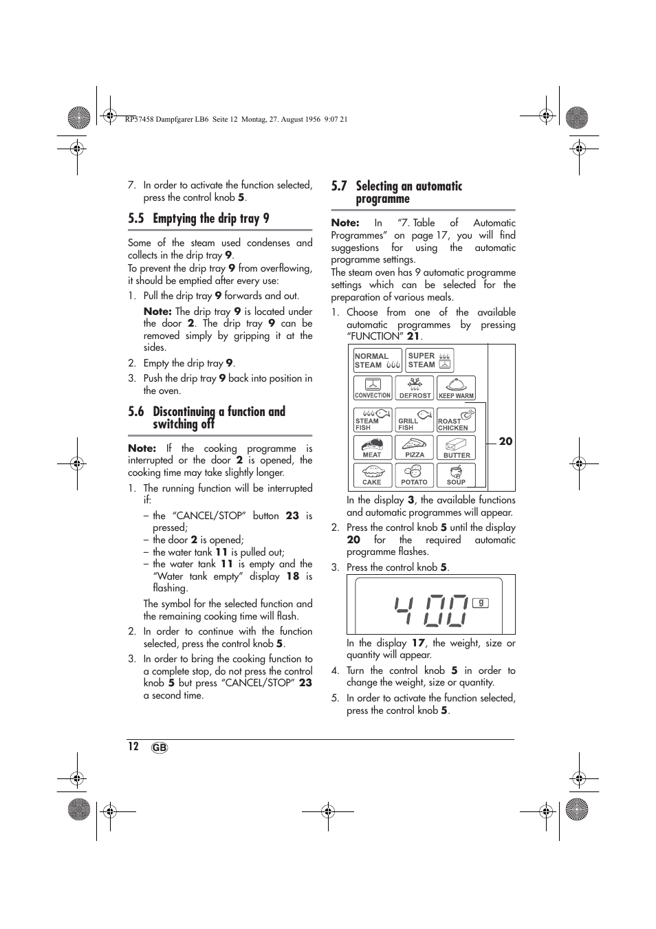 5 emptying the drip tray 9, 6 discontinuing a function and switching off, 7 selecting an automatic programme | Silvercrest SDBO 1850 A1 User Manual | Page 14 / 30