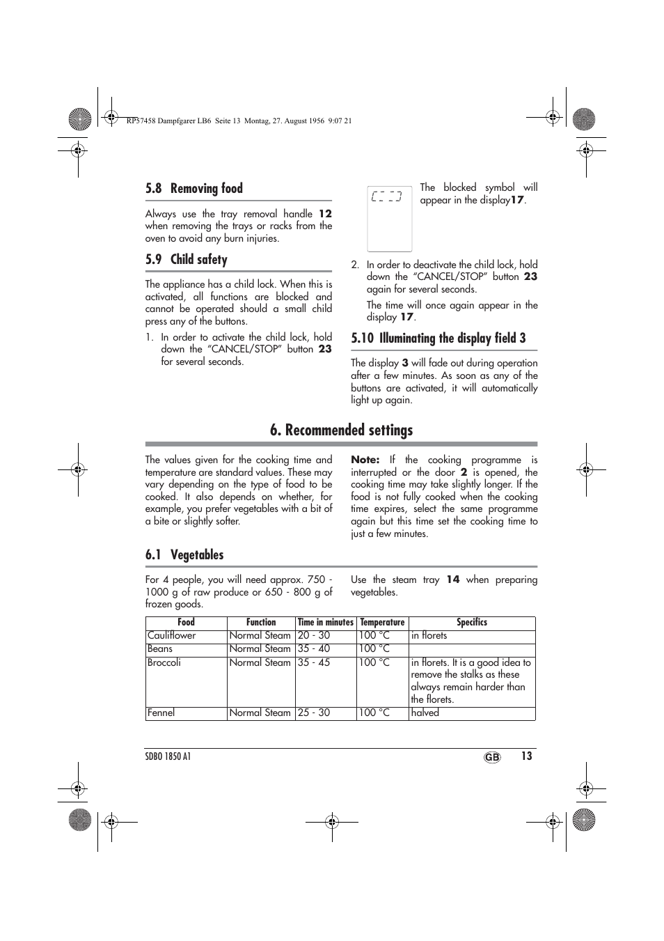 Recommended settings, 8 removing food, 9 child safety | 10 illuminating the display ﬁeld 3, 1 vegetables | Silvercrest SDBO 1850 A1 User Manual | Page 15 / 30