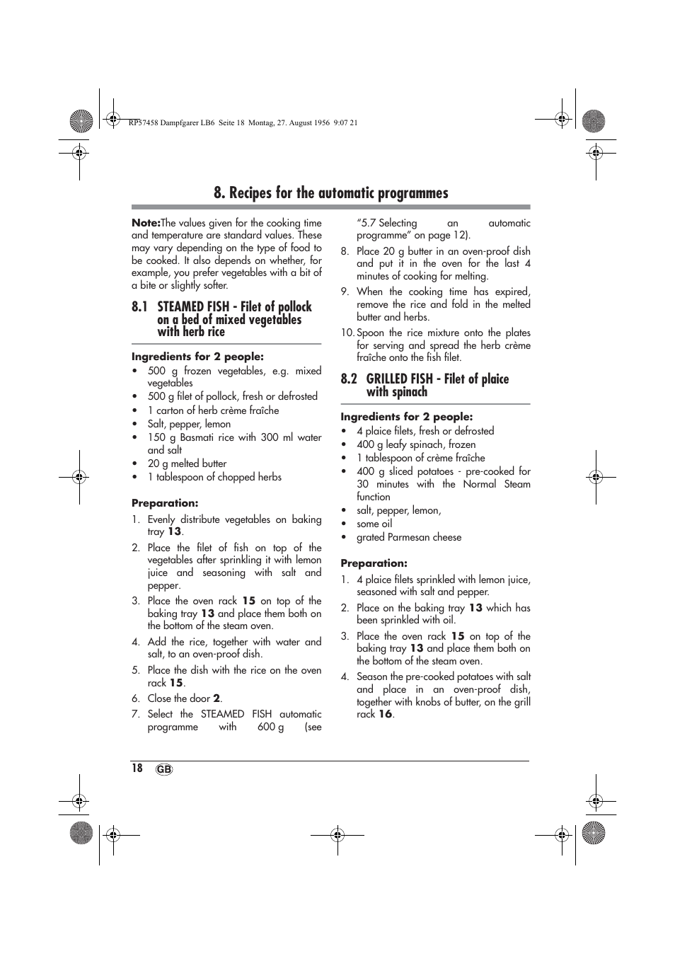 Recipes for the automatic programmes, 2 grilled fish - filet of plaice with spinach | Silvercrest SDBO 1850 A1 User Manual | Page 20 / 30