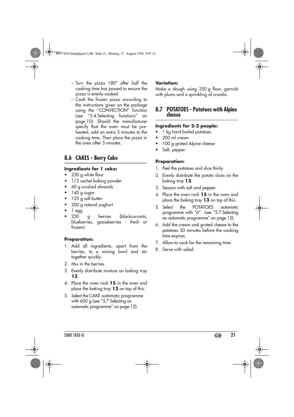 6 cakes - berry cake, 7 potatoes - potatoes with alpine cheese | Silvercrest SDBO 1850 A1 User Manual | Page 23 / 30