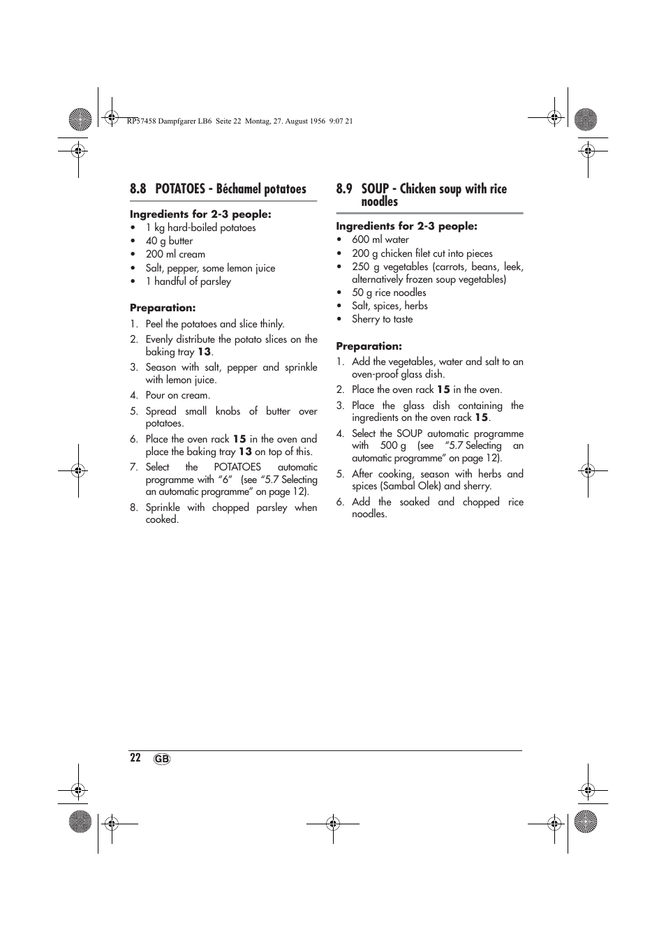 8 potatoes - béchamel potatoes, 9 soup - chicken soup with rice noodles | Silvercrest SDBO 1850 A1 User Manual | Page 24 / 30