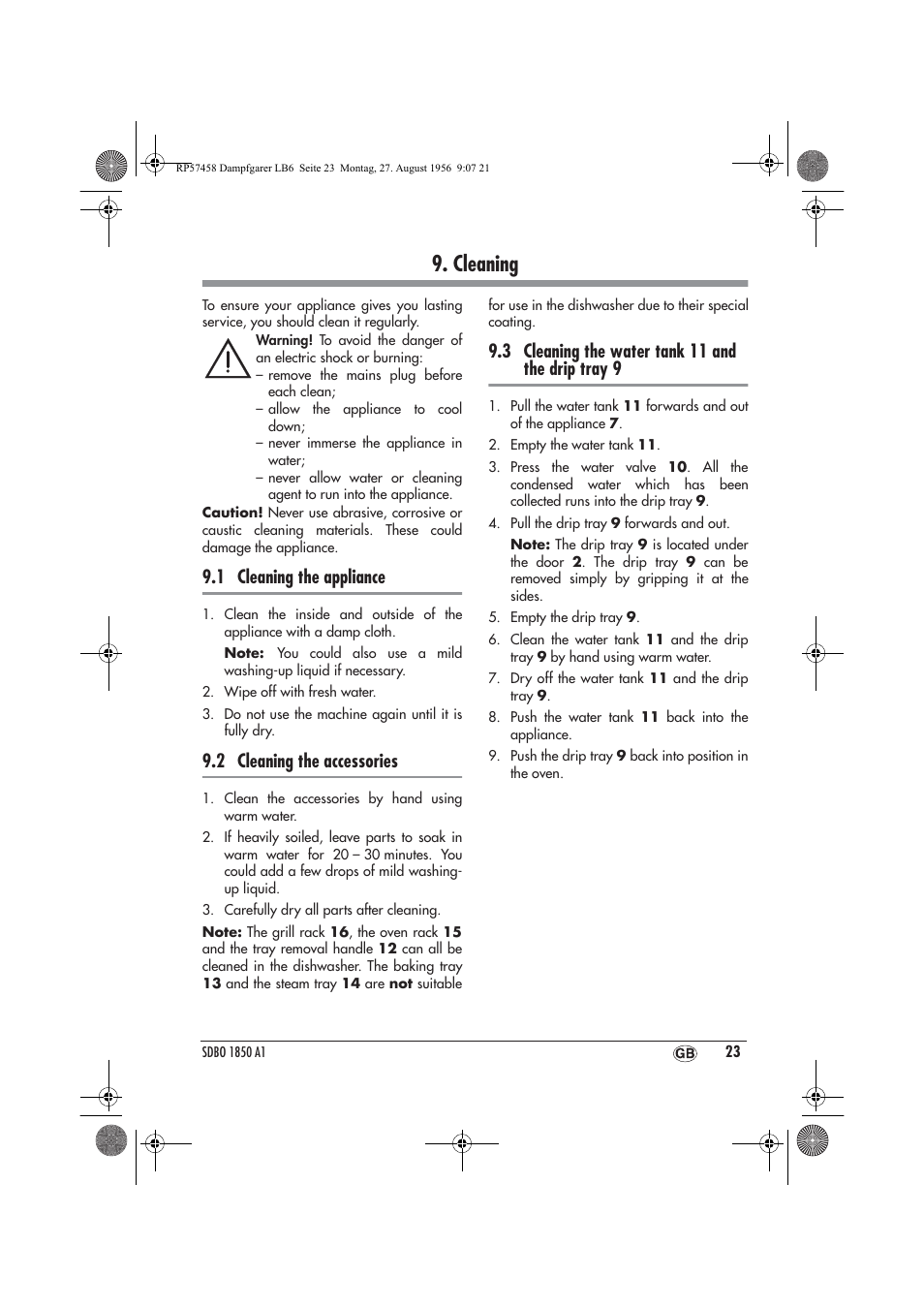 Cleaning, 1 cleaning the appliance, 2 cleaning the accessories | 3 cleaning the water tank 11 and the drip tray 9 | Silvercrest SDBO 1850 A1 User Manual | Page 25 / 30