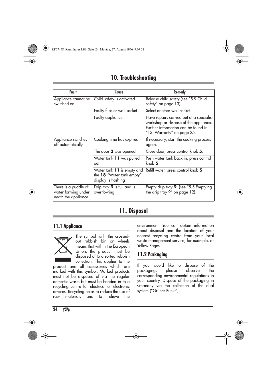 Troubleshooting 11. disposal, 1 appliance, 2 packaging | Silvercrest SDBO 1850 A1 User Manual | Page 26 / 30