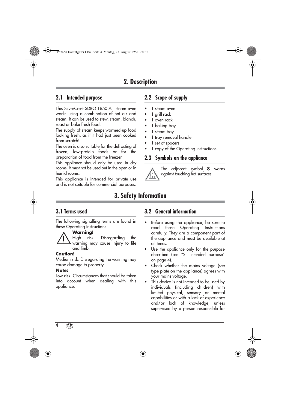 Description, Safety information, 1 intended purpose | 2 scope of supply, 3 symbols on the appliance, 1 terms used, 2 general information | Silvercrest SDBO 1850 A1 User Manual | Page 6 / 30