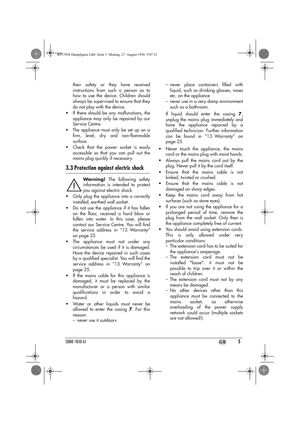 3 protection against electric shock | Silvercrest SDBO 1850 A1 User Manual | Page 7 / 30