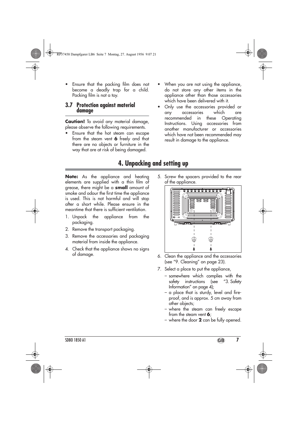 Unpacking and setting up, 7 protection against material damage | Silvercrest SDBO 1850 A1 User Manual | Page 9 / 30