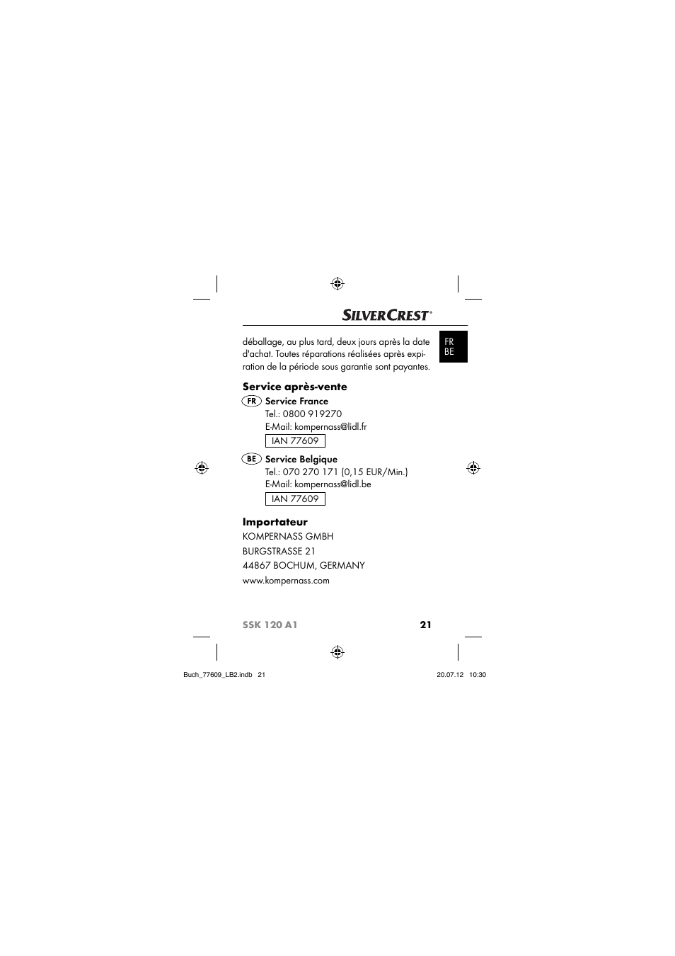 Service après-vente, Importateur | Silvercrest SSK 120 A1 User Manual | Page 23 / 89