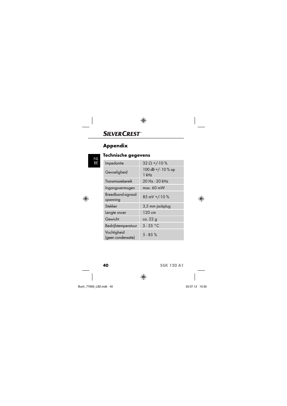 Appendix, Technische gegevens | Silvercrest SSK 120 A1 User Manual | Page 42 / 89