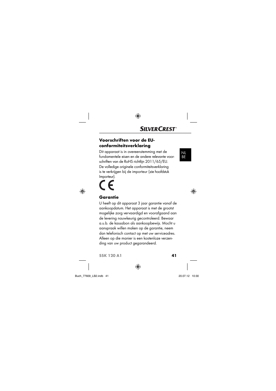 Voorschriften voor de eu- conformiteitsverklaring, Garantie | Silvercrest SSK 120 A1 User Manual | Page 43 / 89