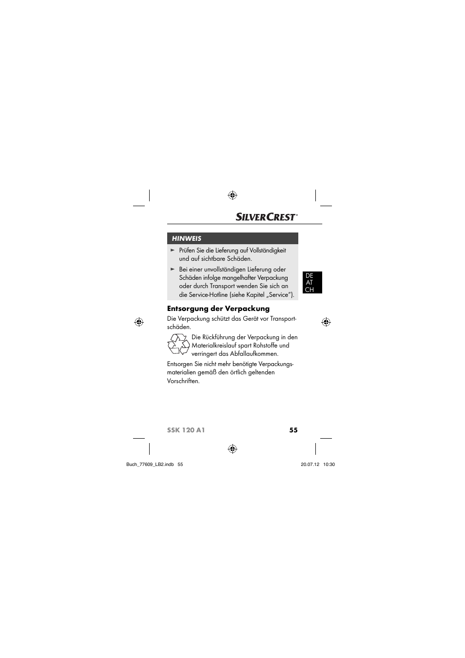 Entsorgung der verpackung | Silvercrest SSK 120 A1 User Manual | Page 57 / 89