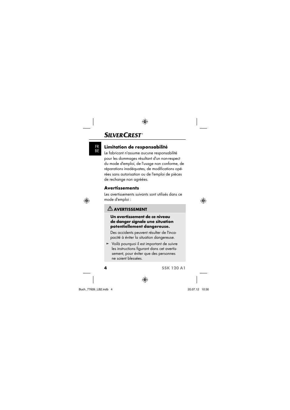 Limitation de responsabilité, Avertissements | Silvercrest SSK 120 A1 User Manual | Page 6 / 89