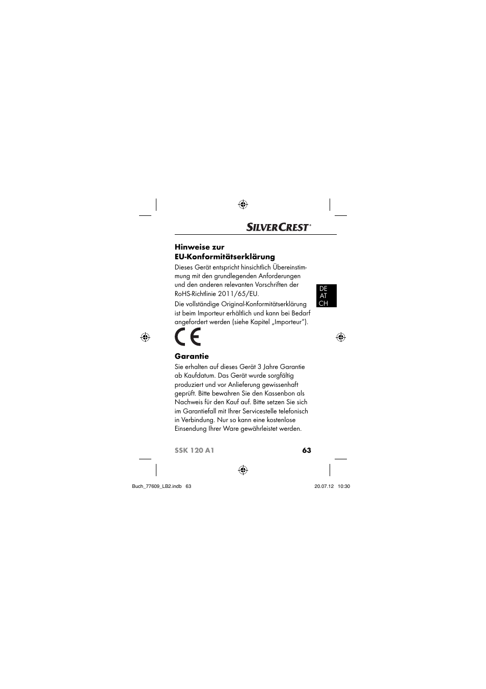 Hinweise zur eu-konformitätserklärung, Garantie | Silvercrest SSK 120 A1 User Manual | Page 65 / 89