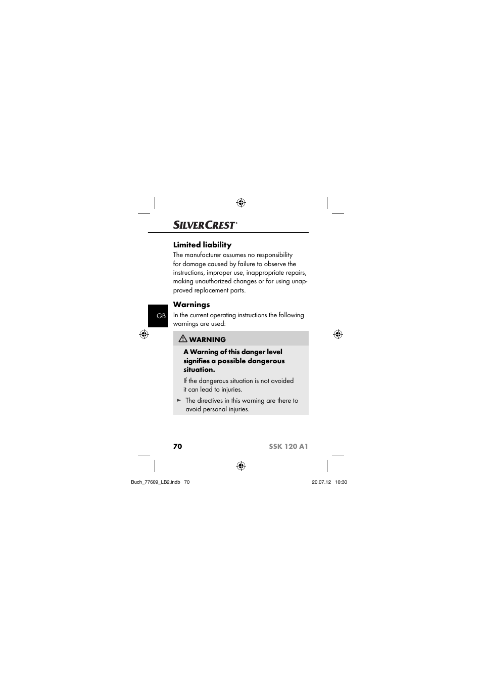 Limited liability, Warnings | Silvercrest SSK 120 A1 User Manual | Page 72 / 89