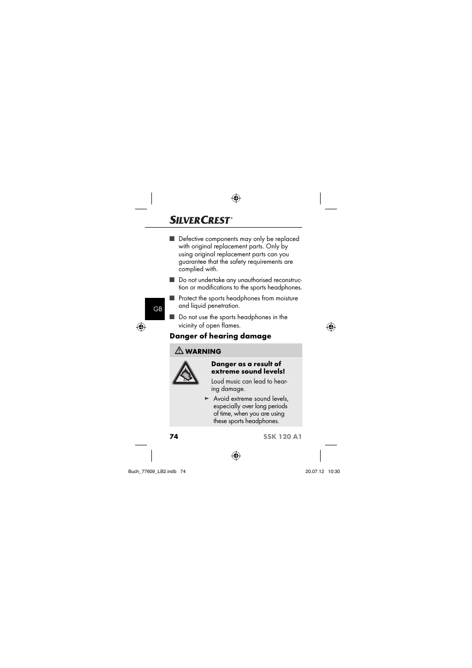 Danger of hearing damage | Silvercrest SSK 120 A1 User Manual | Page 76 / 89