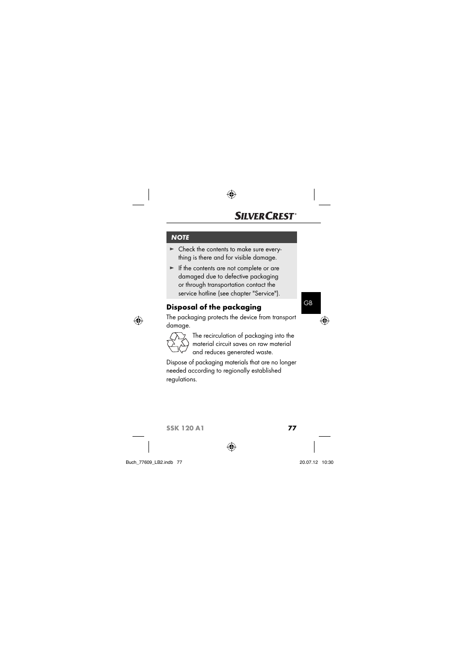 Disposal of the packaging | Silvercrest SSK 120 A1 User Manual | Page 79 / 89