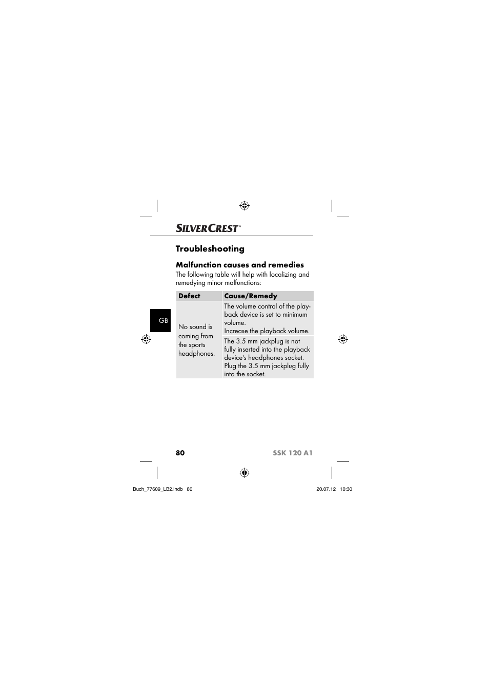 Troubleshooting, Malfunction causes and remedies | Silvercrest SSK 120 A1 User Manual | Page 82 / 89