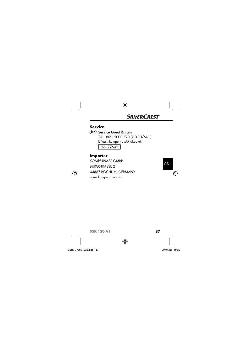 Service, Importer | Silvercrest SSK 120 A1 User Manual | Page 89 / 89