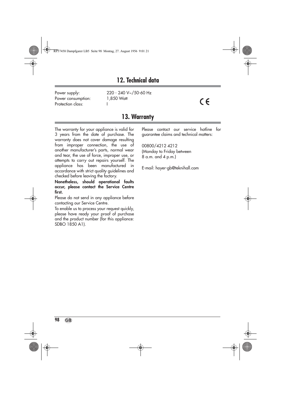 Technical data, Warranty | Silvercrest SDBO 1850 A1 User Manual | Page 100 / 126