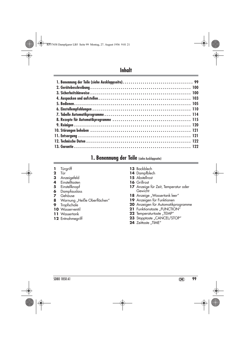 Inhalt, Benennung der teile | Silvercrest SDBO 1850 A1 User Manual | Page 101 / 126