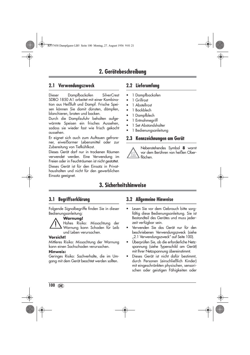 Gerätebeschreibung, Sicherheitshinweise | Silvercrest SDBO 1850 A1 User Manual | Page 102 / 126