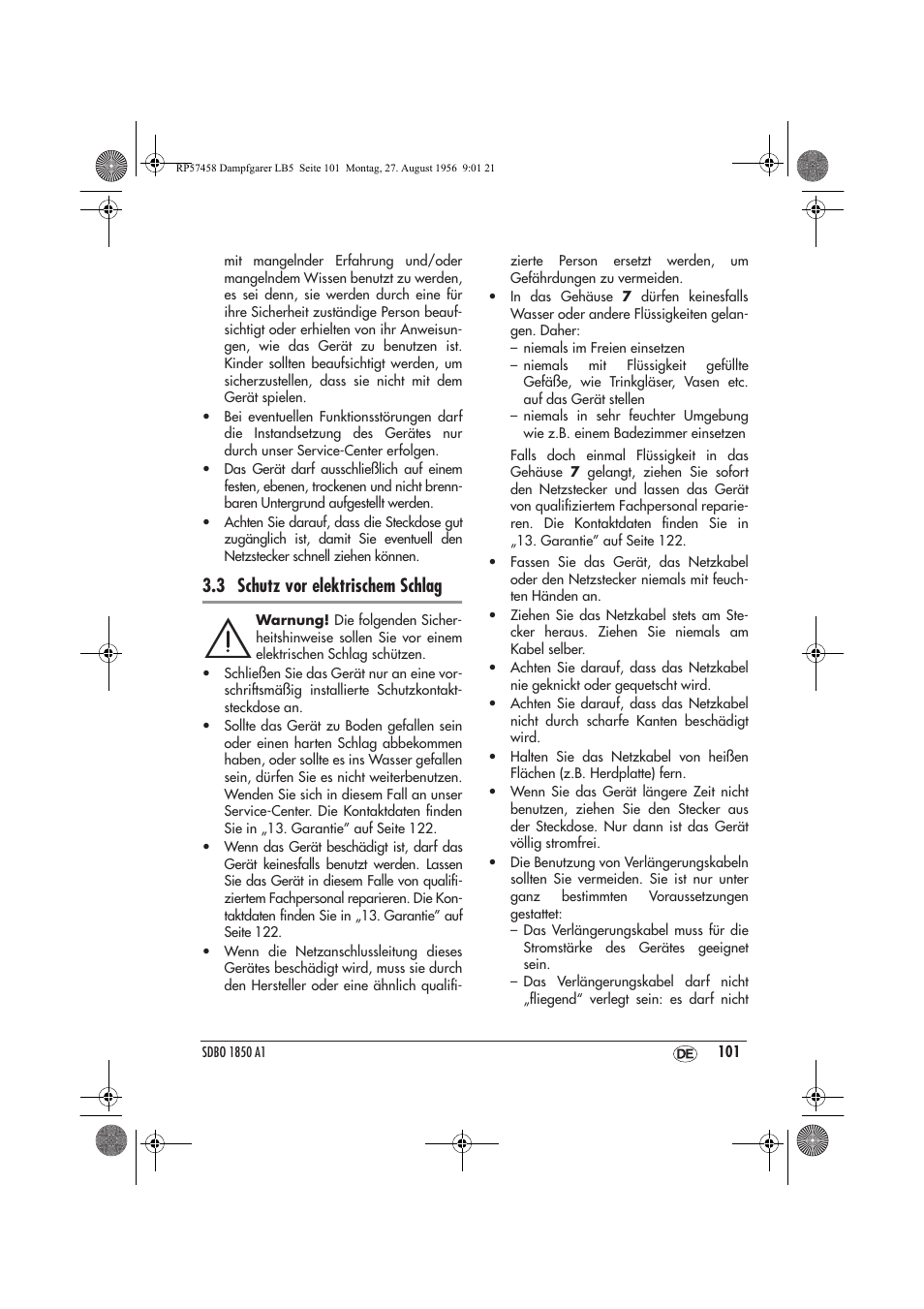 3 schutz vor elektrischem schlag | Silvercrest SDBO 1850 A1 User Manual | Page 103 / 126