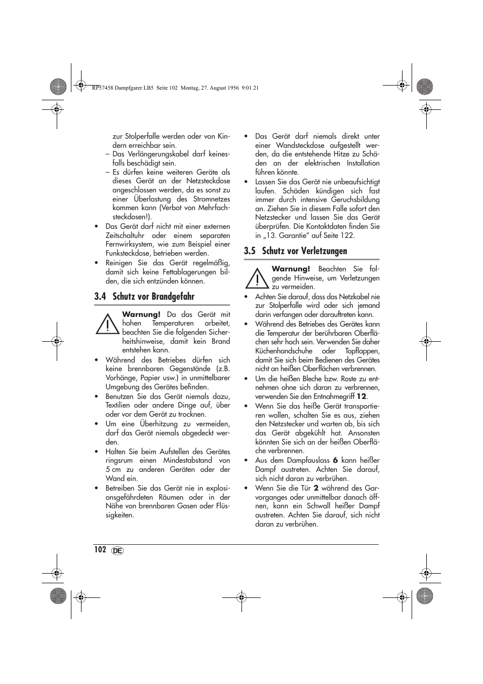 4 schutz vor brandgefahr, 5 schutz vor verletzungen | Silvercrest SDBO 1850 A1 User Manual | Page 104 / 126