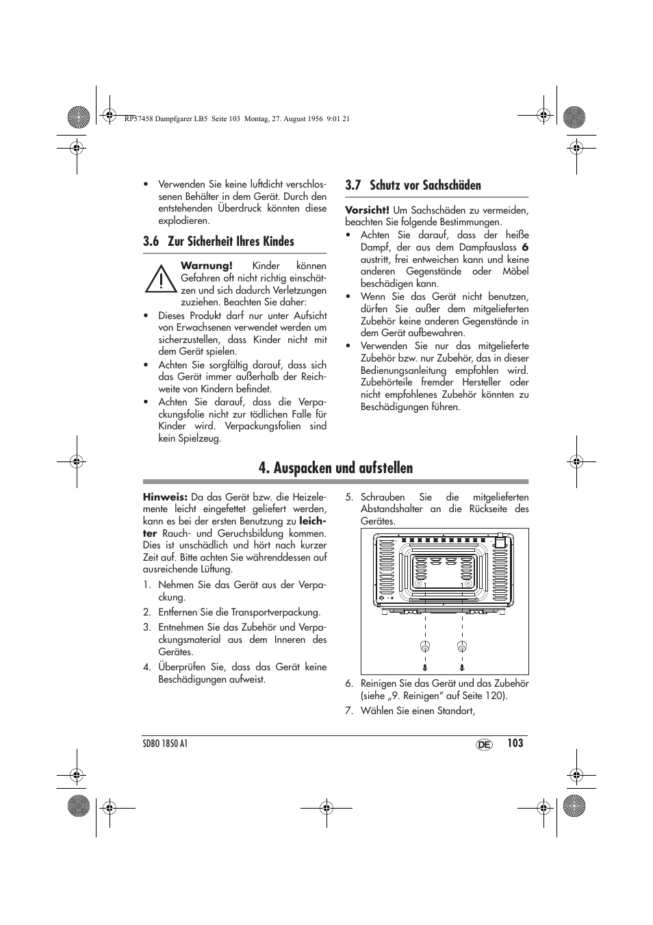 Auspacken und aufstellen, 6 zur sicherheit ihres kindes, 7 schutz vor sachschäden | Silvercrest SDBO 1850 A1 User Manual | Page 105 / 126