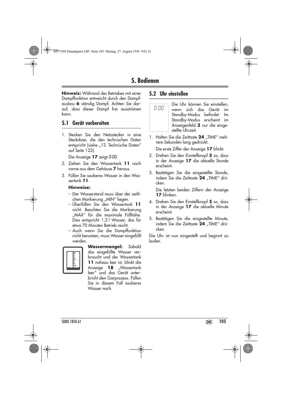 Bedienen, 1 gerät vorbereiten, 2 uhr einstellen | Silvercrest SDBO 1850 A1 User Manual | Page 107 / 126