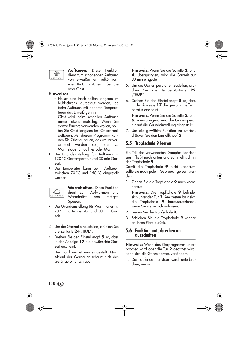 5 tropfschale 9 leeren, 6 funktion unterbrechen und ausschalten | Silvercrest SDBO 1850 A1 User Manual | Page 110 / 126