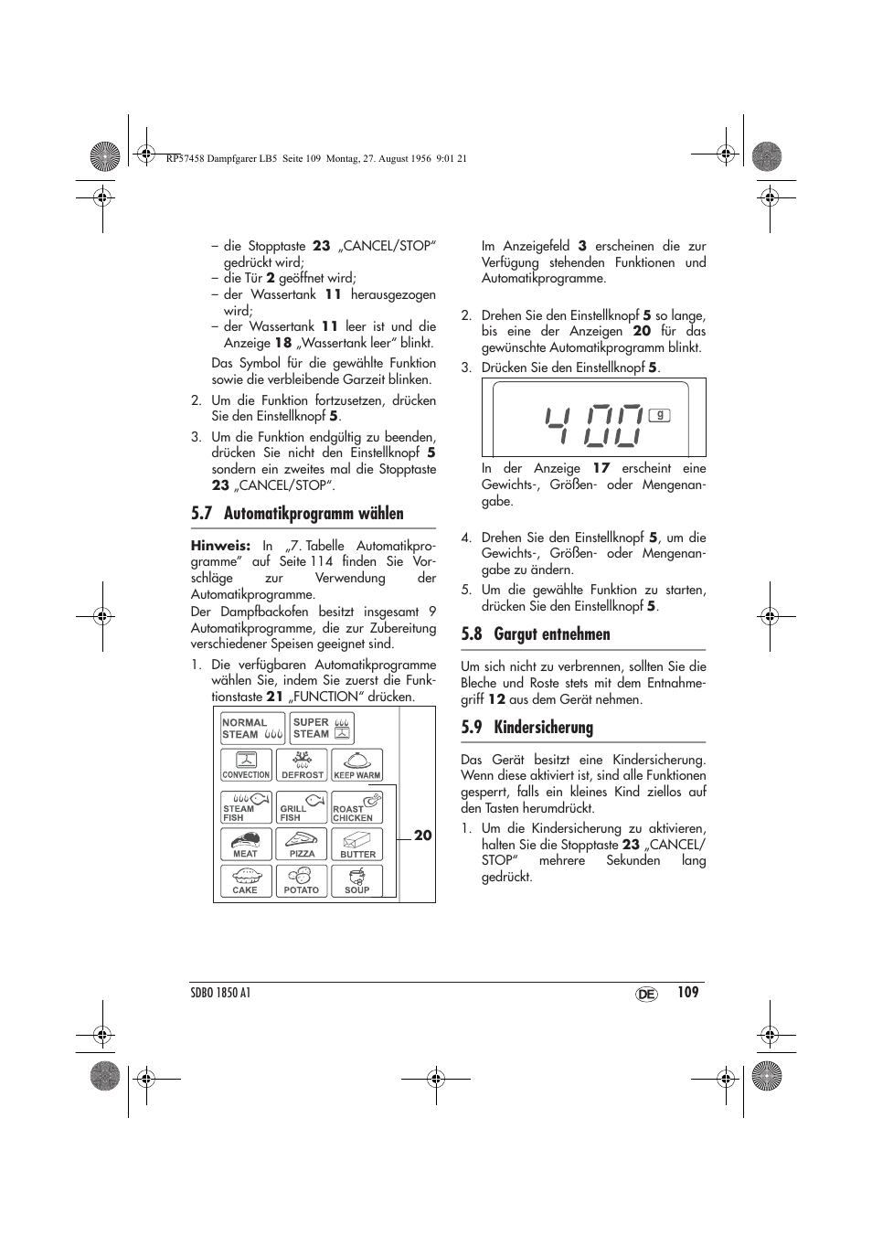 7 automatikprogramm wählen, 8 gargut entnehmen, 9 kindersicherung | Silvercrest SDBO 1850 A1 User Manual | Page 111 / 126