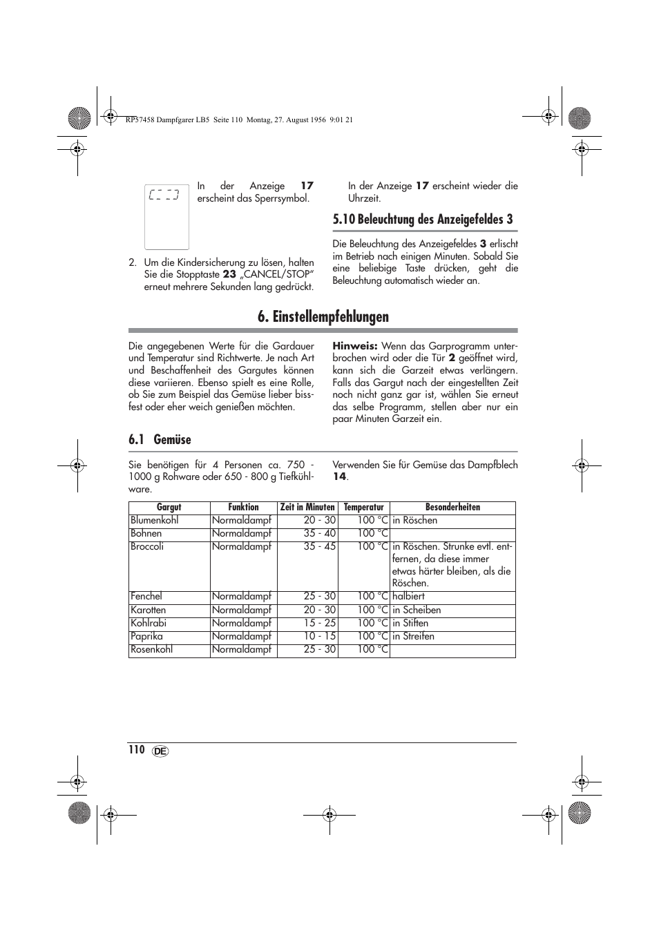 Einstellempfehlungen, 10 beleuchtung des anzeigefeldes 3, 1 gemüse | Silvercrest SDBO 1850 A1 User Manual | Page 112 / 126