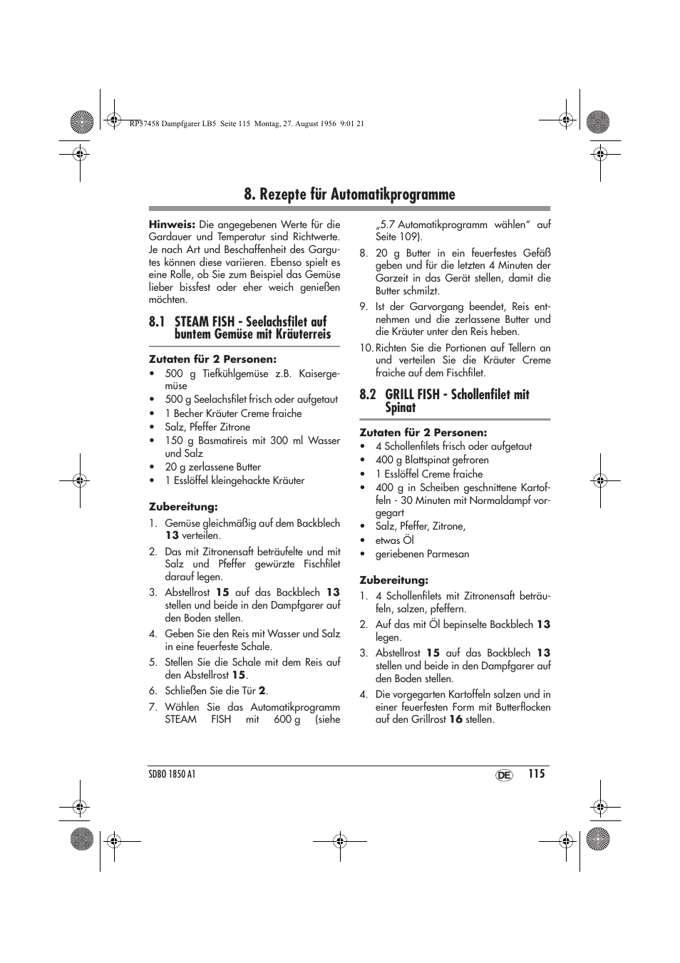 Rezepte für automatikprogramme, 2 grill fish - schollenﬁlet mit spinat | Silvercrest SDBO 1850 A1 User Manual | Page 117 / 126