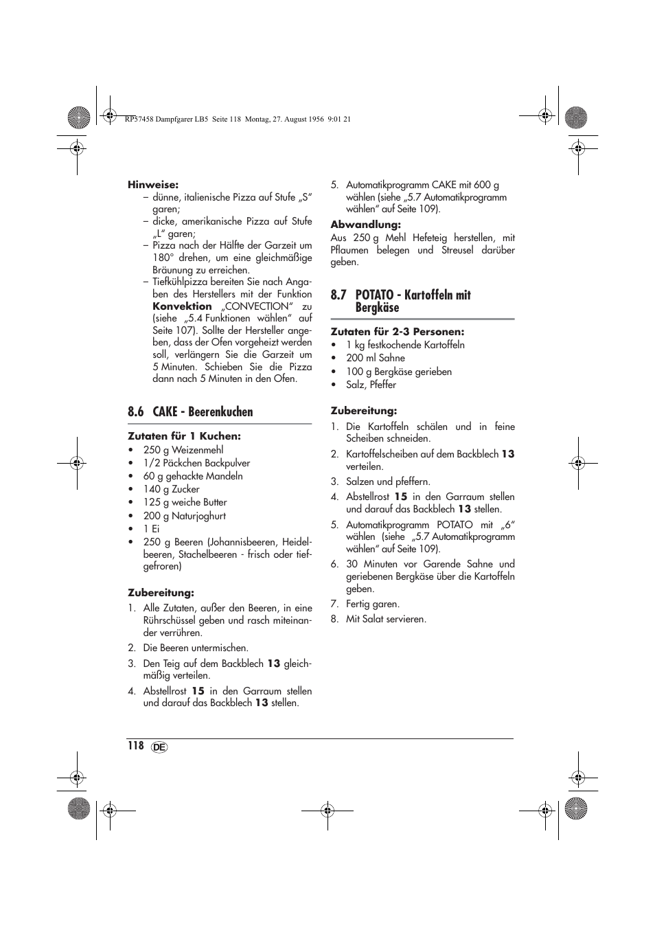 6 cake - beerenkuchen, 7 potato - kartoffeln mit bergkäse | Silvercrest SDBO 1850 A1 User Manual | Page 120 / 126