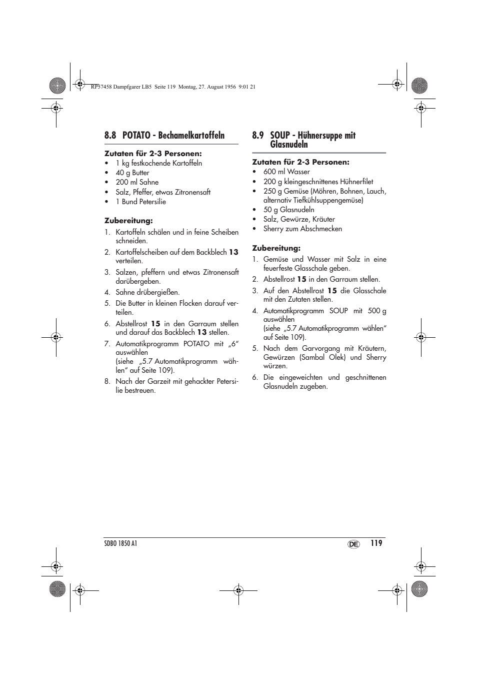 8 potato - bechamelkartoffeln, 9 soup - hühnersuppe mit glasnudeln | Silvercrest SDBO 1850 A1 User Manual | Page 121 / 126