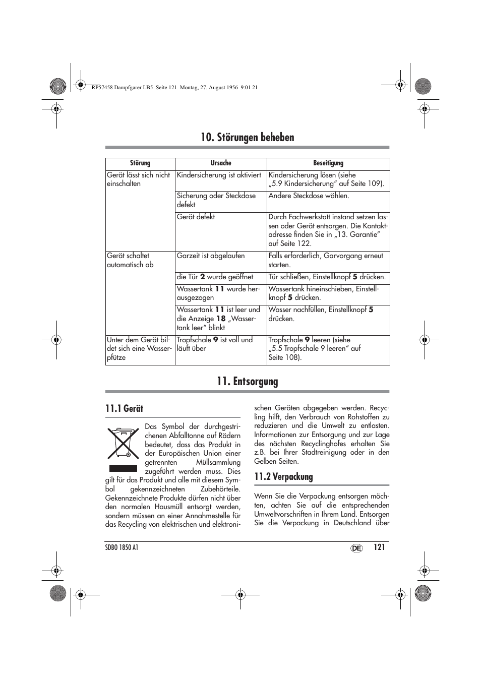 Störungen beheben 11. entsorgung, 1 gerät, 2 verpackung | Silvercrest SDBO 1850 A1 User Manual | Page 123 / 126