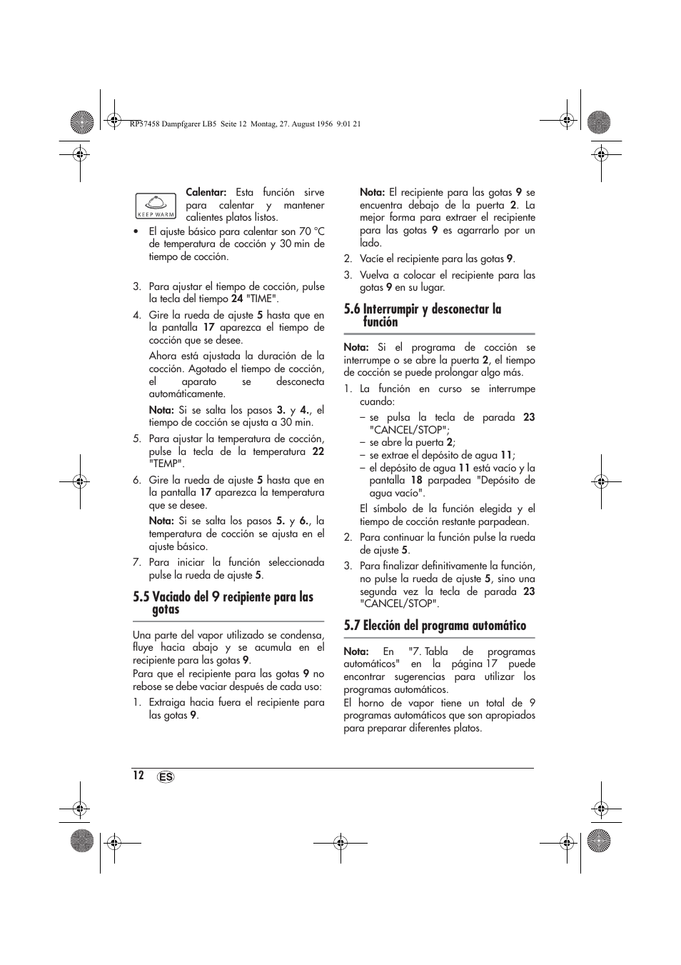 5 vaciado del 9 recipiente para las gotas, 6 interrumpir y desconectar la función, 7 elección del programa automático | Silvercrest SDBO 1850 A1 User Manual | Page 14 / 126