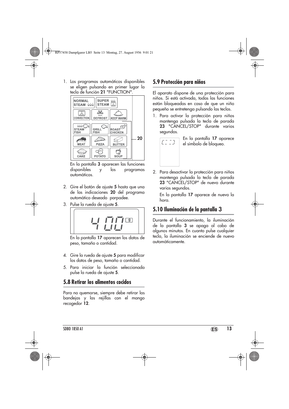 8 retirar los alimentos cocidos, 9 protección para niños, 10 iluminación de la pantalla 3 | Silvercrest SDBO 1850 A1 User Manual | Page 15 / 126