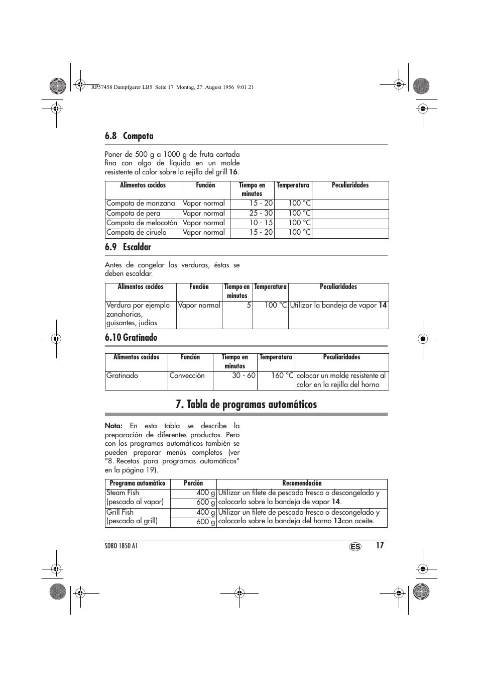 Tabla de programas automáticos, 8 compota, 9 escaldar | 10 gratinado | Silvercrest SDBO 1850 A1 User Manual | Page 19 / 126