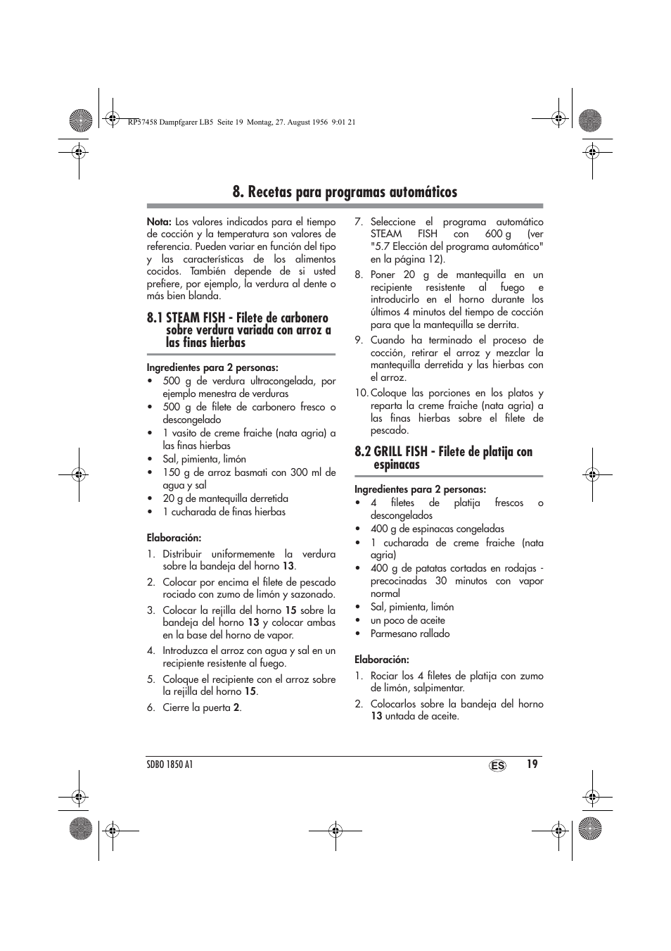 Recetas para programas automáticos, 2 grill fish - filete de platija con espinacas | Silvercrest SDBO 1850 A1 User Manual | Page 21 / 126