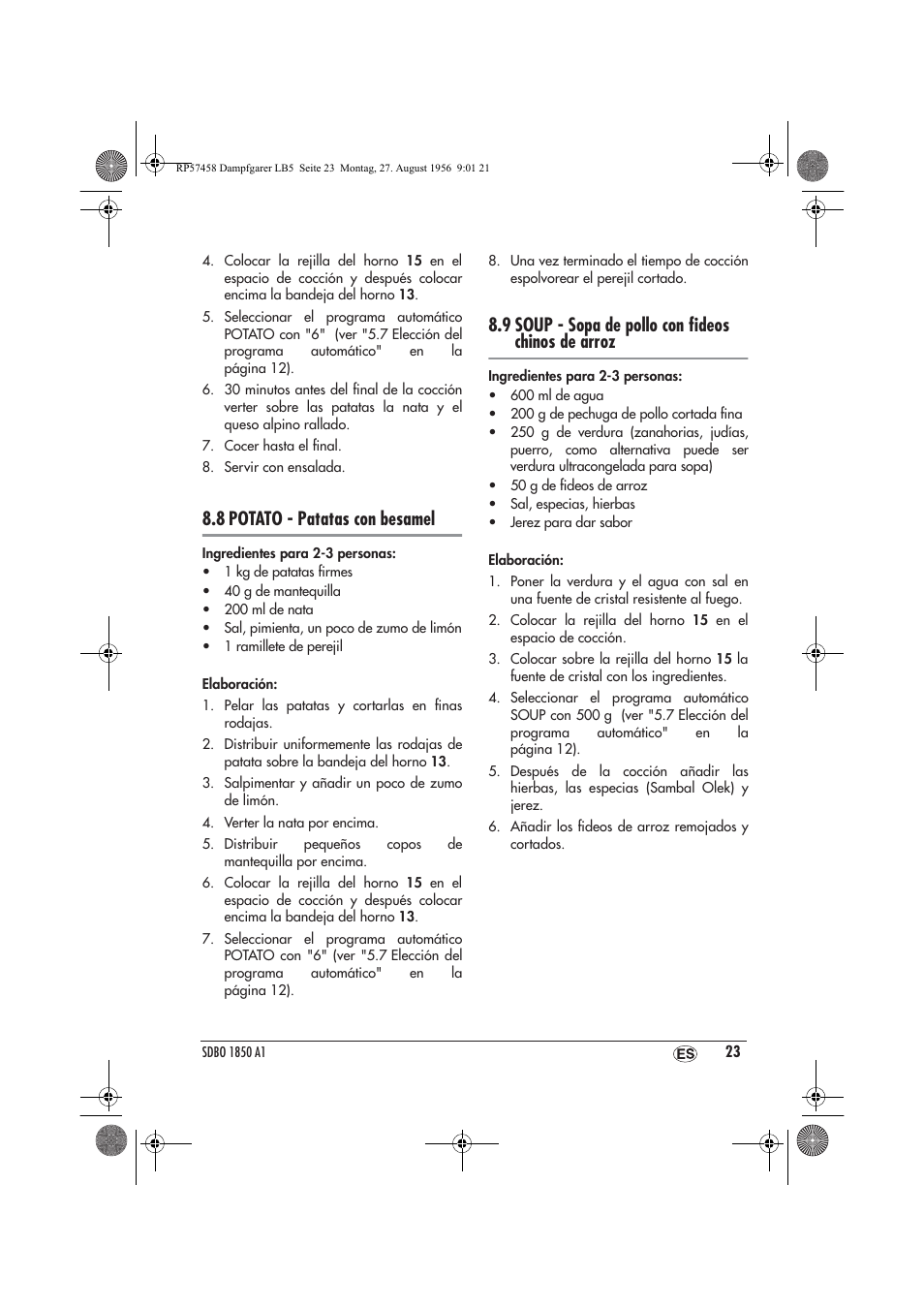 8 potato - patatas con besamel, 9 soup - sopa de pollo con ﬁdeos chinos de arroz | Silvercrest SDBO 1850 A1 User Manual | Page 25 / 126