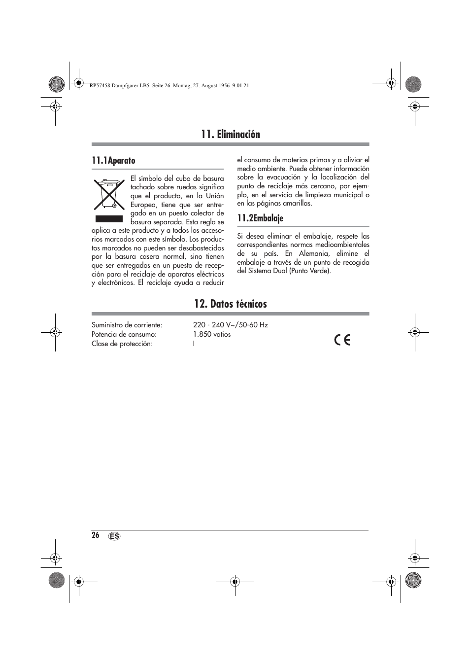 Eliminación, Datos técnicos | Silvercrest SDBO 1850 A1 User Manual | Page 28 / 126