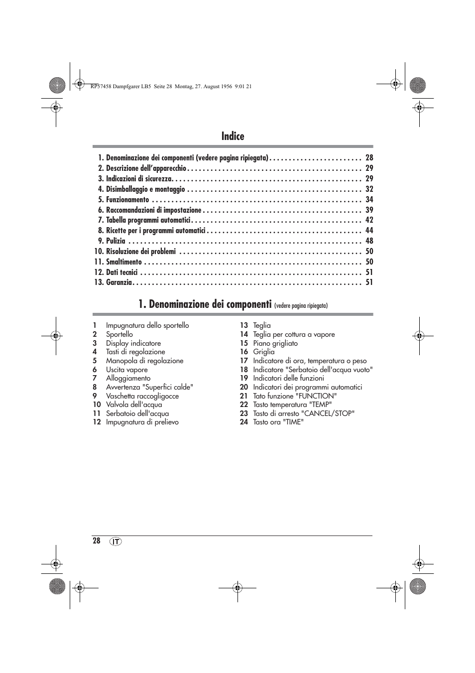 Indice, Denominazione dei componenti | Silvercrest SDBO 1850 A1 User Manual | Page 30 / 126