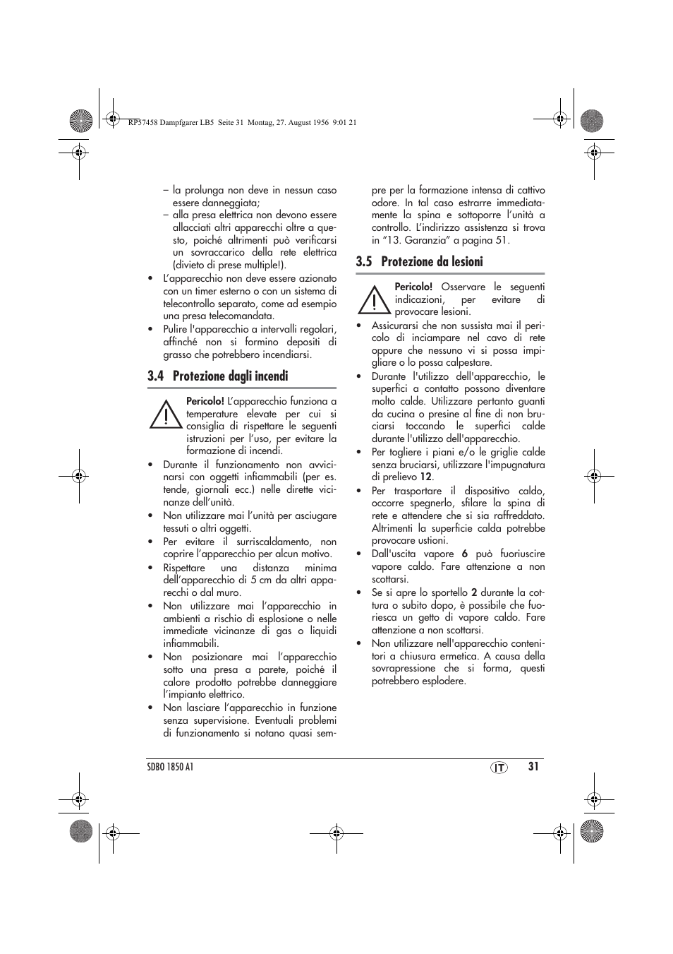 4 protezione dagli incendi, 5 protezione da lesioni | Silvercrest SDBO 1850 A1 User Manual | Page 33 / 126