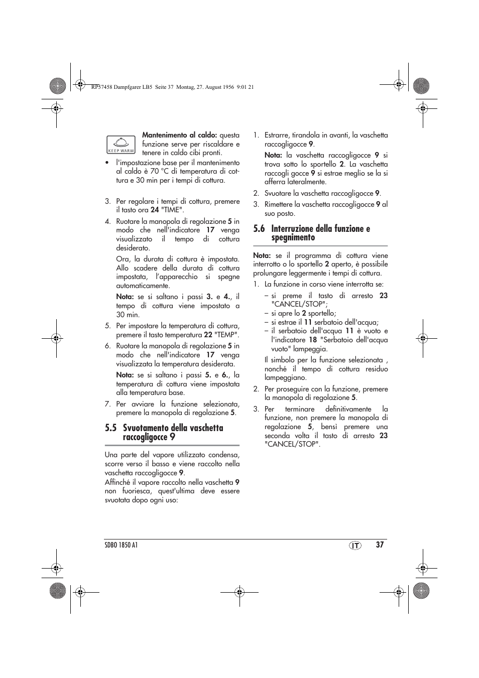 5 svuotamento della vaschetta raccogligocce 9, 6 interruzione della funzione e spegnimento | Silvercrest SDBO 1850 A1 User Manual | Page 39 / 126