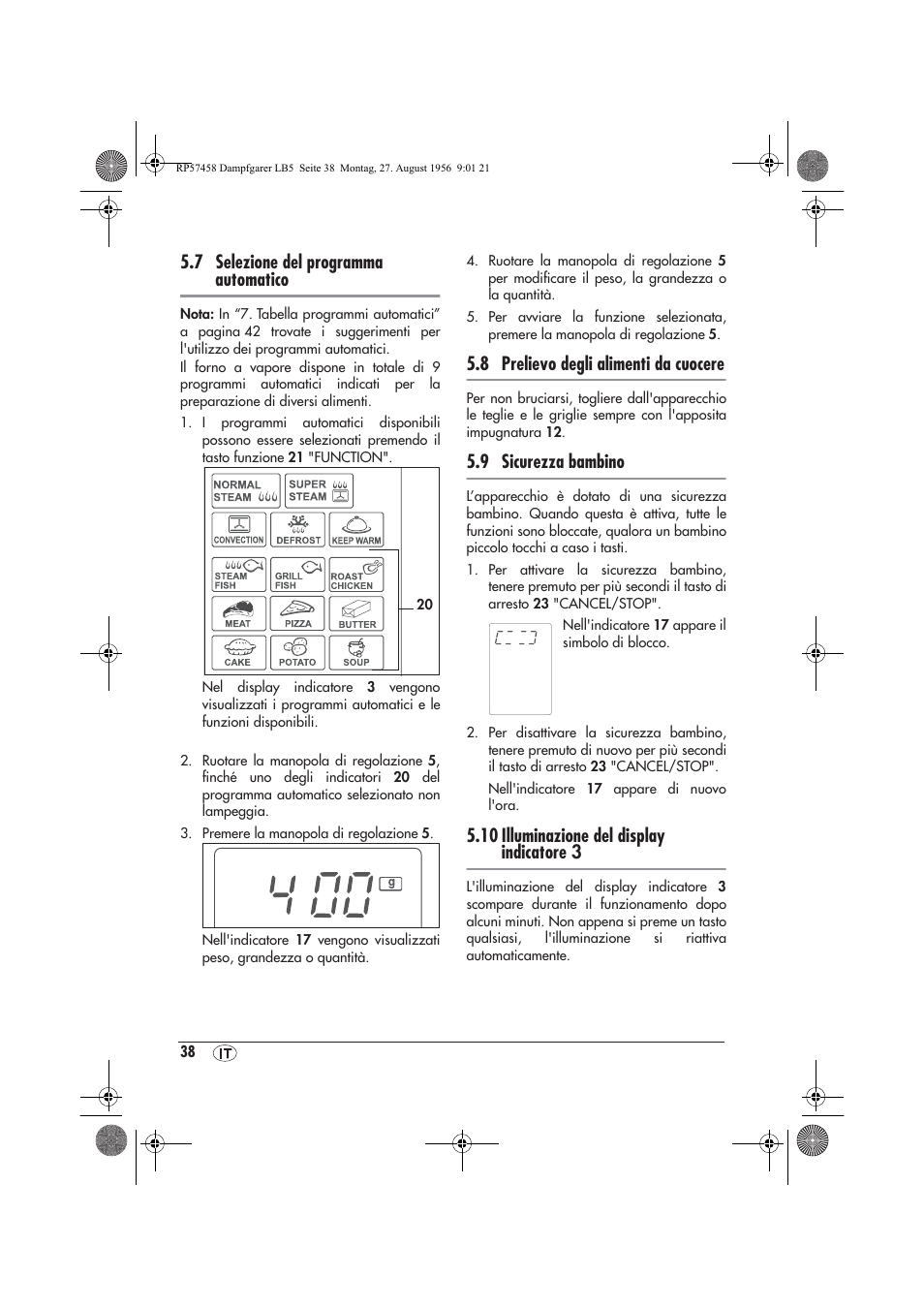 7 selezione del programma automatico, 8 prelievo degli alimenti da cuocere, 9 sicurezza bambino | 10 illuminazione del display indicatore 3 | Silvercrest SDBO 1850 A1 User Manual | Page 40 / 126