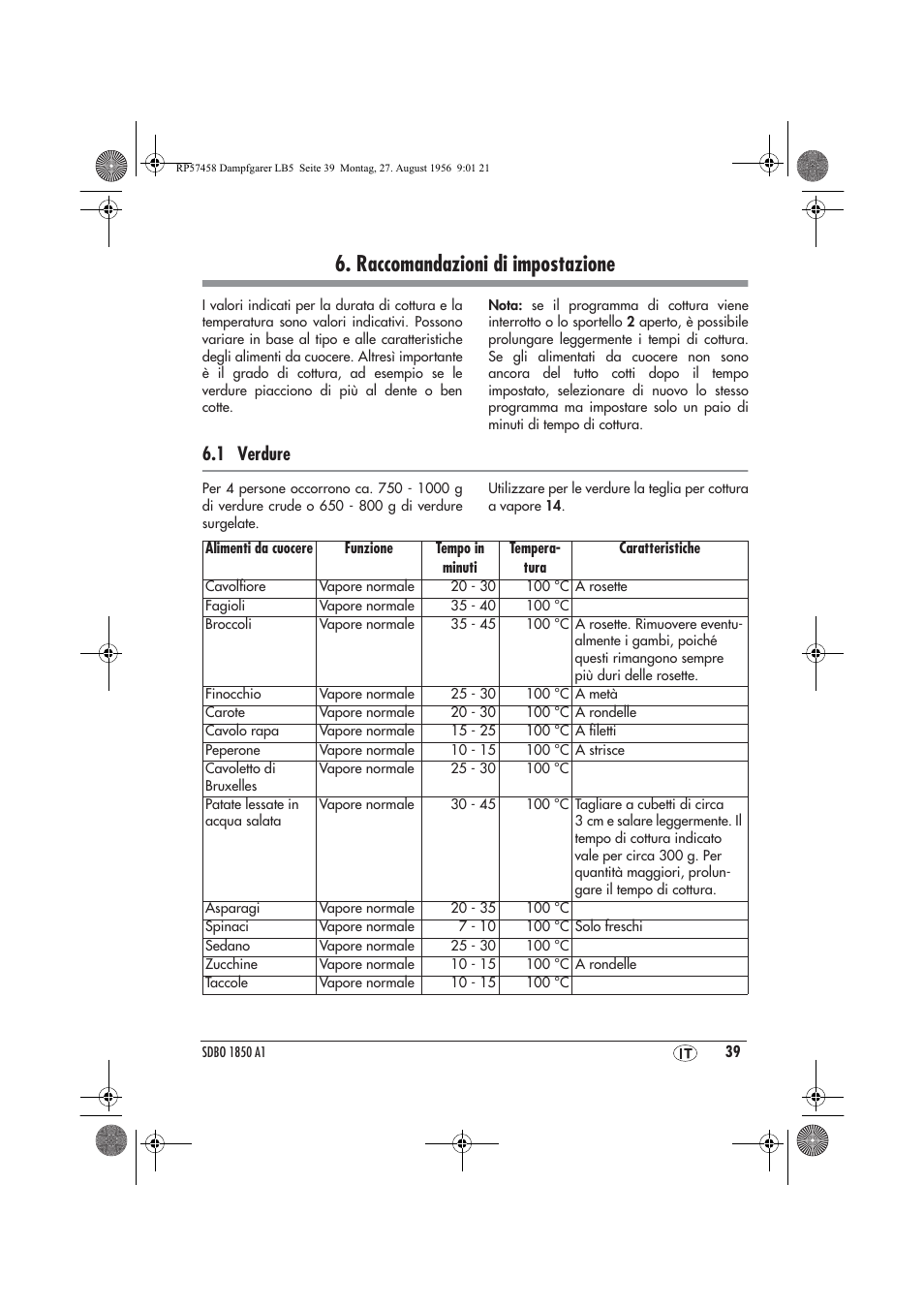 Raccomandazioni di impostazione, 1 verdure | Silvercrest SDBO 1850 A1 User Manual | Page 41 / 126