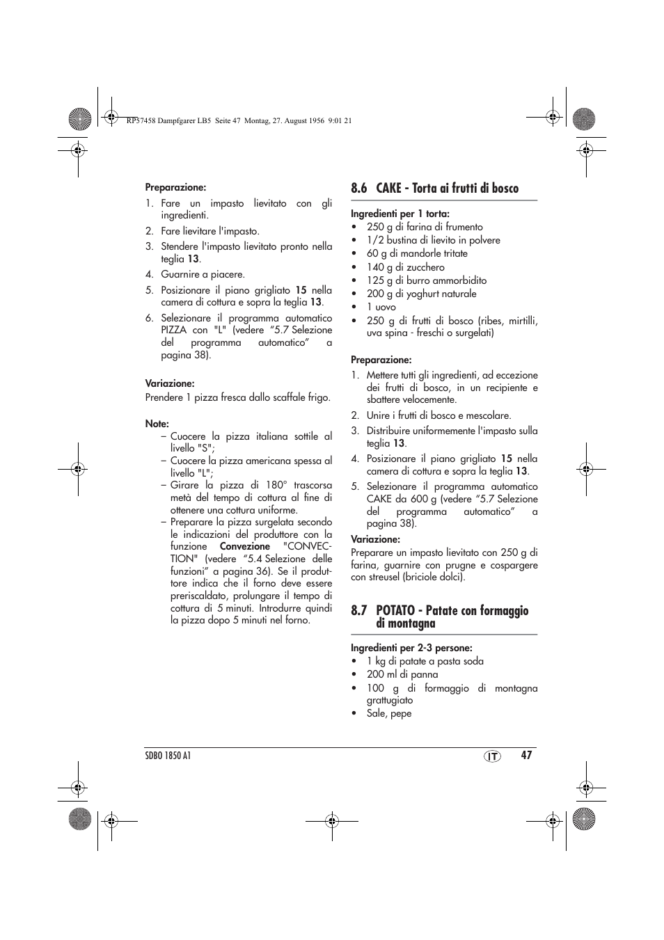 6 cake - torta ai frutti di bosco, 7 potato - patate con formaggio di montagna | Silvercrest SDBO 1850 A1 User Manual | Page 49 / 126