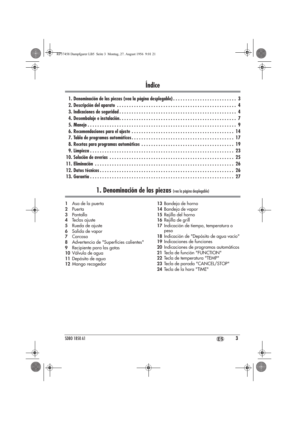 Índice, Denominación de las piezas | Silvercrest SDBO 1850 A1 User Manual | Page 5 / 126