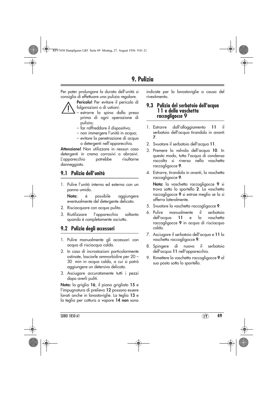 Pulizia, 1 pulizia dell’unità, 2 pulizia degli accessori | Silvercrest SDBO 1850 A1 User Manual | Page 51 / 126