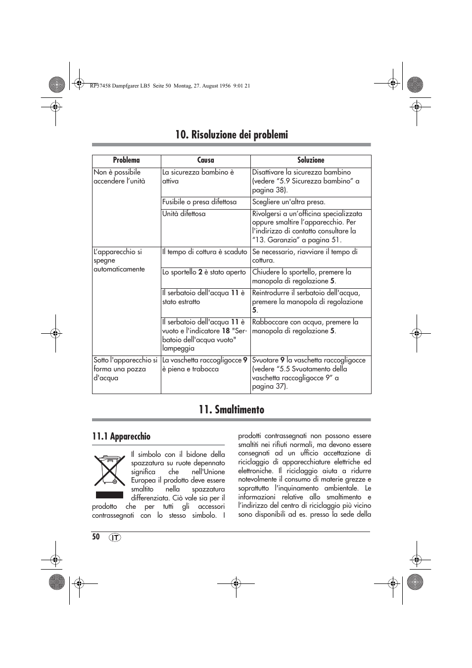 Risoluzione dei problemi 11. smaltimento, 1 apparecchio | Silvercrest SDBO 1850 A1 User Manual | Page 52 / 126